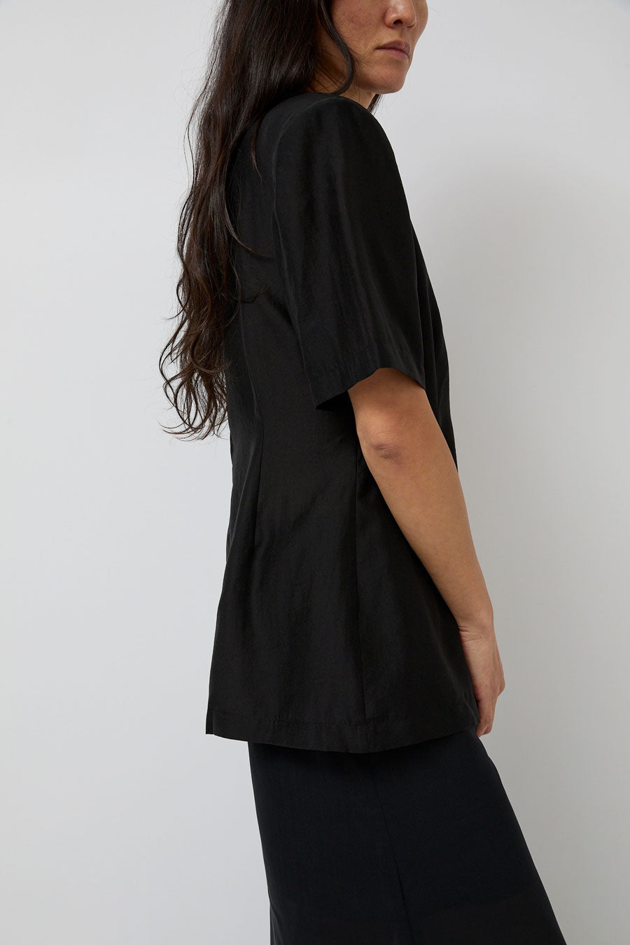 Amomento Silk Oversized Half Shirt in Black