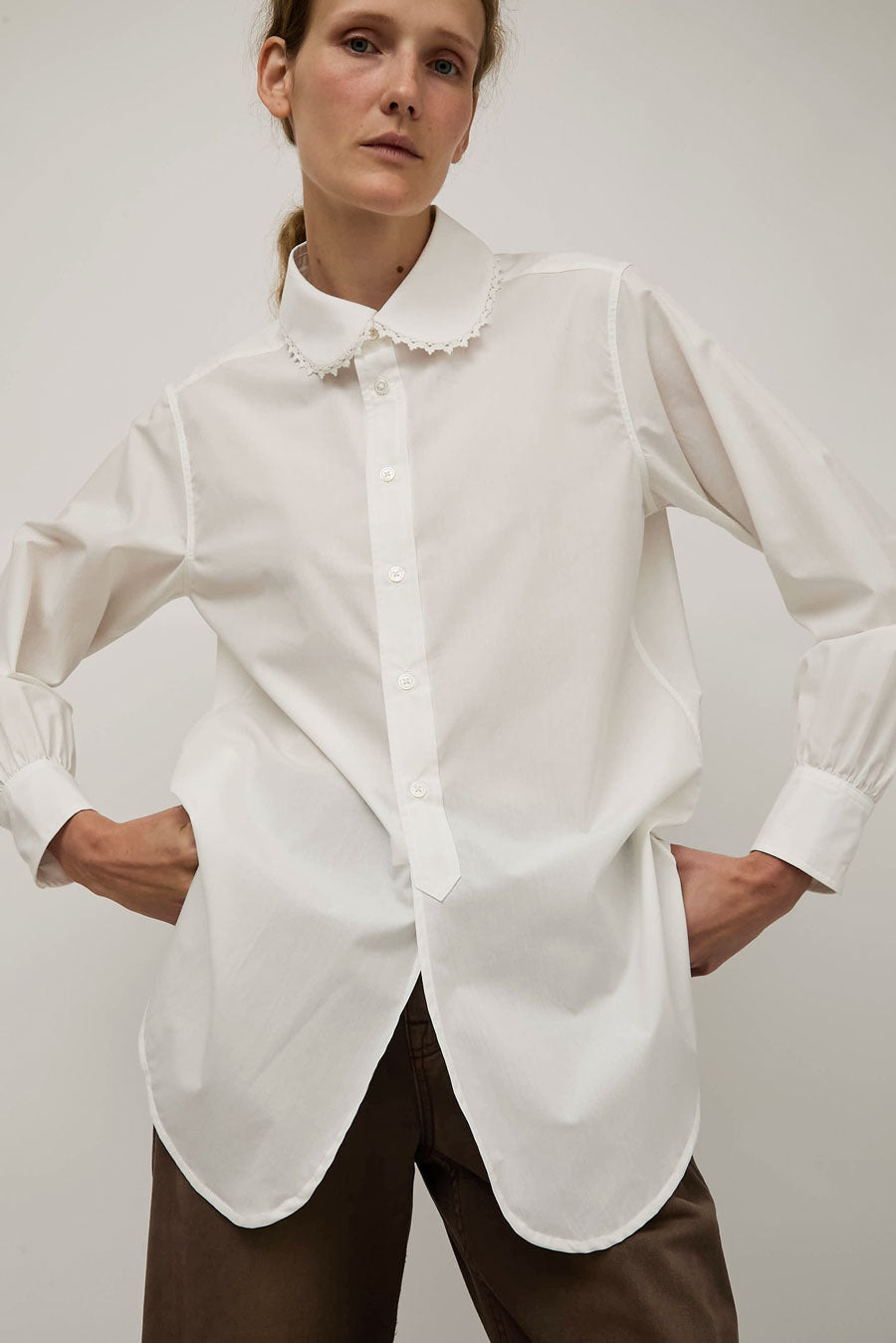 B Sides Louisa Shirt in White Poplin and Tatted Lace